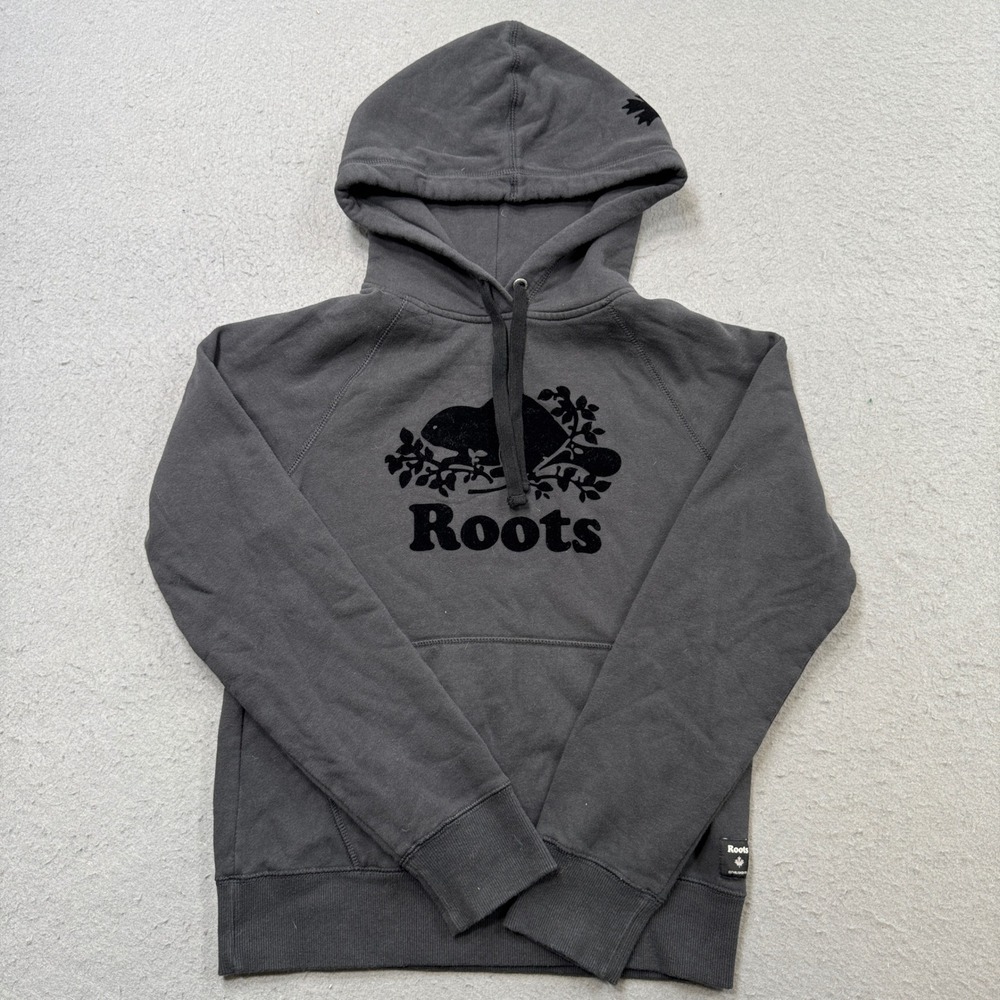 Roots Hoodie Women's XS Gray Beaver Logo Fleece Lined Pullover Sweatshirt Lounge